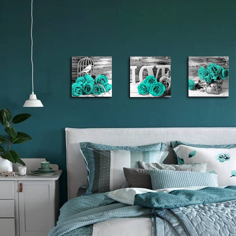 YOOOAHU Teal Bathroom Wall Decor Turquoise Teal and Grey Rose Wall Art for Bedroom Living Room Accessories Love Sign Aqua Green Flower Pictures Floral Poster Canvas Artwork Kitchen Home Decoration 12x12" 3 - Image 4